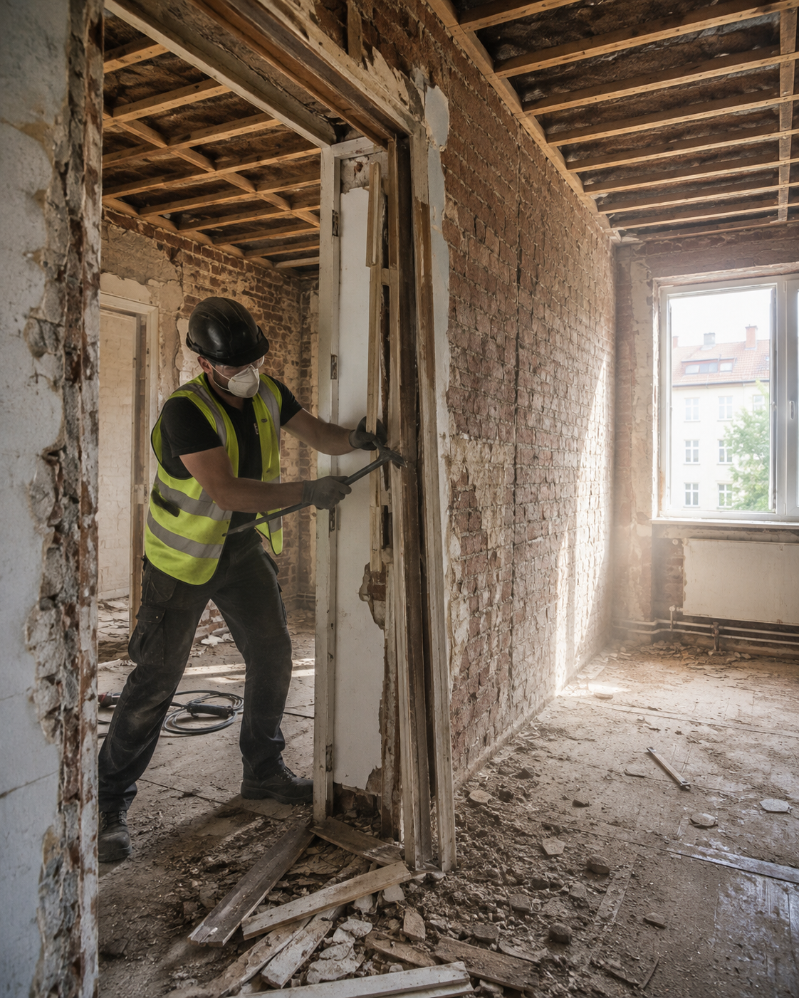 Mitarbeiter beim kontrollierten Rückbau einer Wandverkleidung