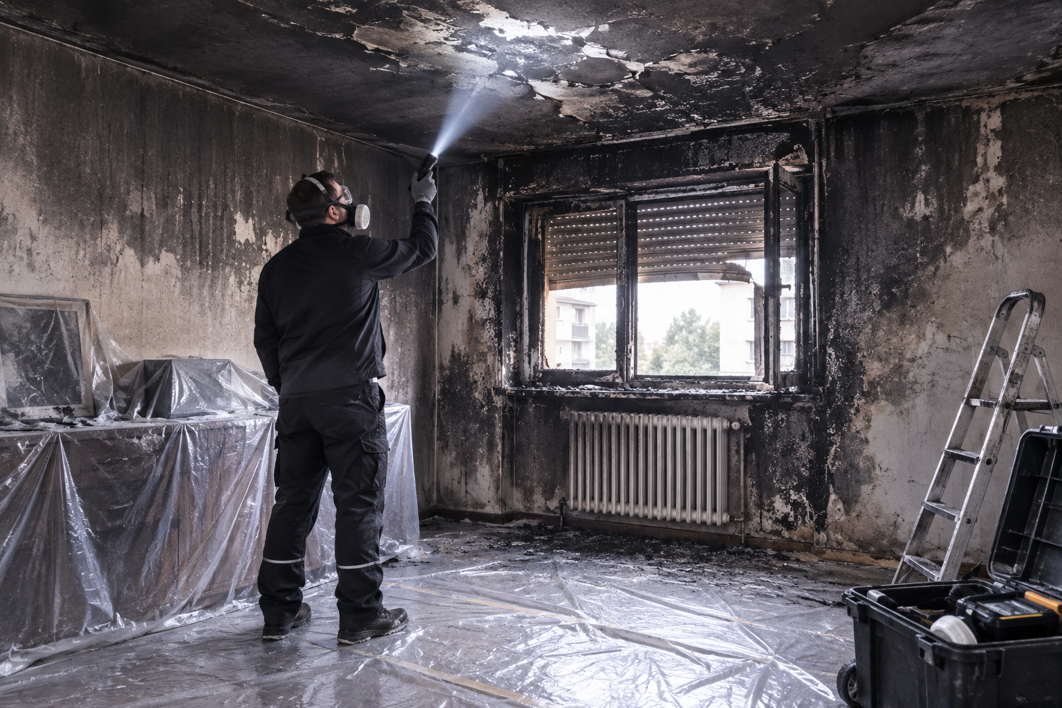 Rußgeschwärzte Wand und Decke nach einem Brandschaden