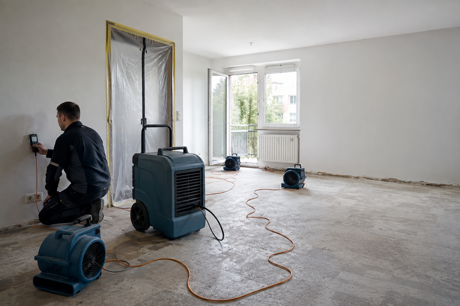 Wasserschaden in einem Innenraum wird begutachtet