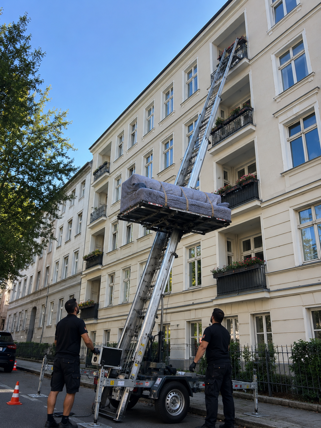 Möbel werden mit einem Möbellift über die Fassade transportiert